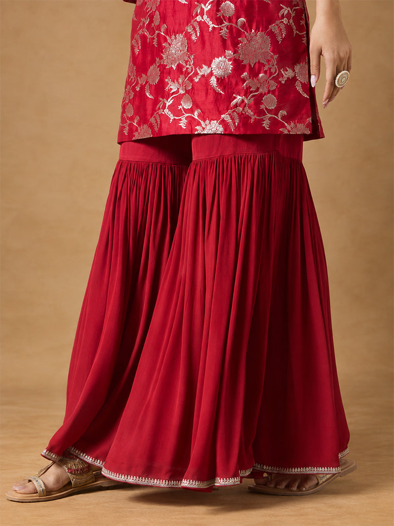 Brocade Kurta Set with Dupatta- Red
