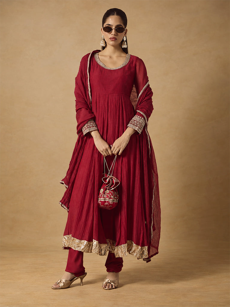 Flared Anarkali Kurta Set with Dupatta – Red