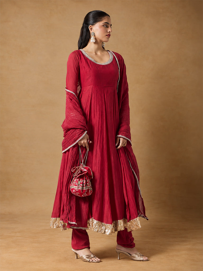 Flared Anarkali Kurta Set with Dupatta – Red