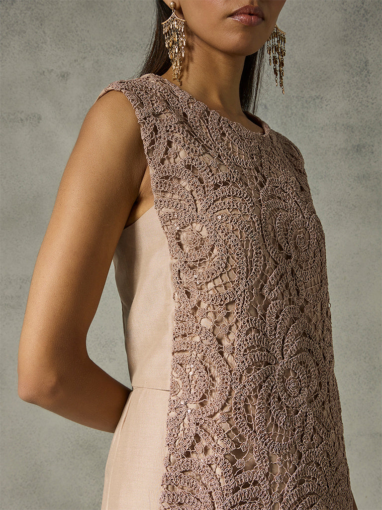 Lace Top with Wide-Leg Pants - Taupe