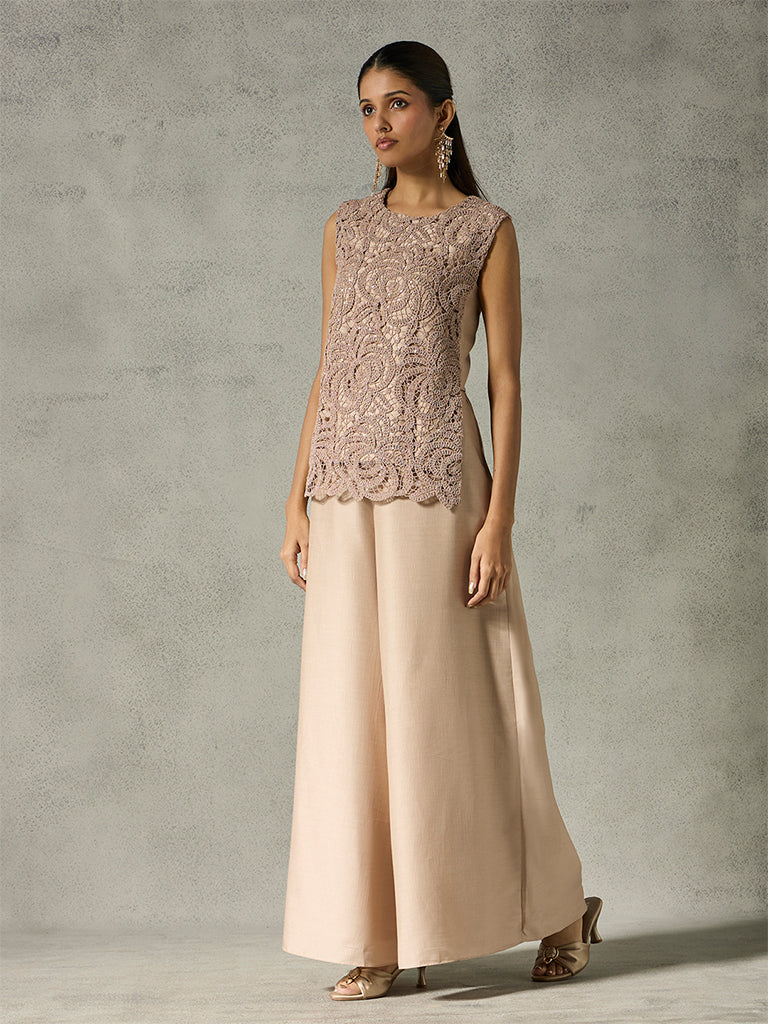 Lace Top with Wide-Leg Pants - Taupe