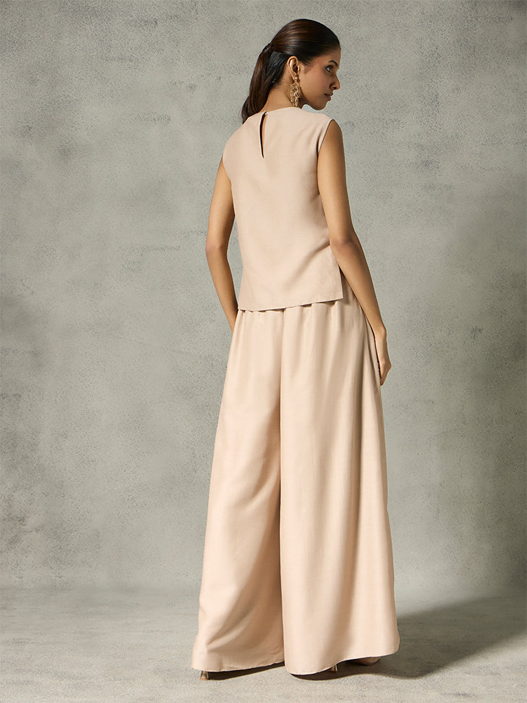 Lace Top with Wide-Leg Pants - Taupe