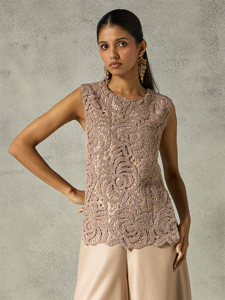Lace Top with Wide-Leg Pants - Taupe