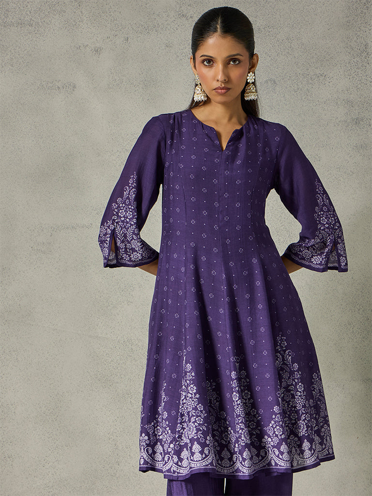 Printed Flared Kurta - Purple