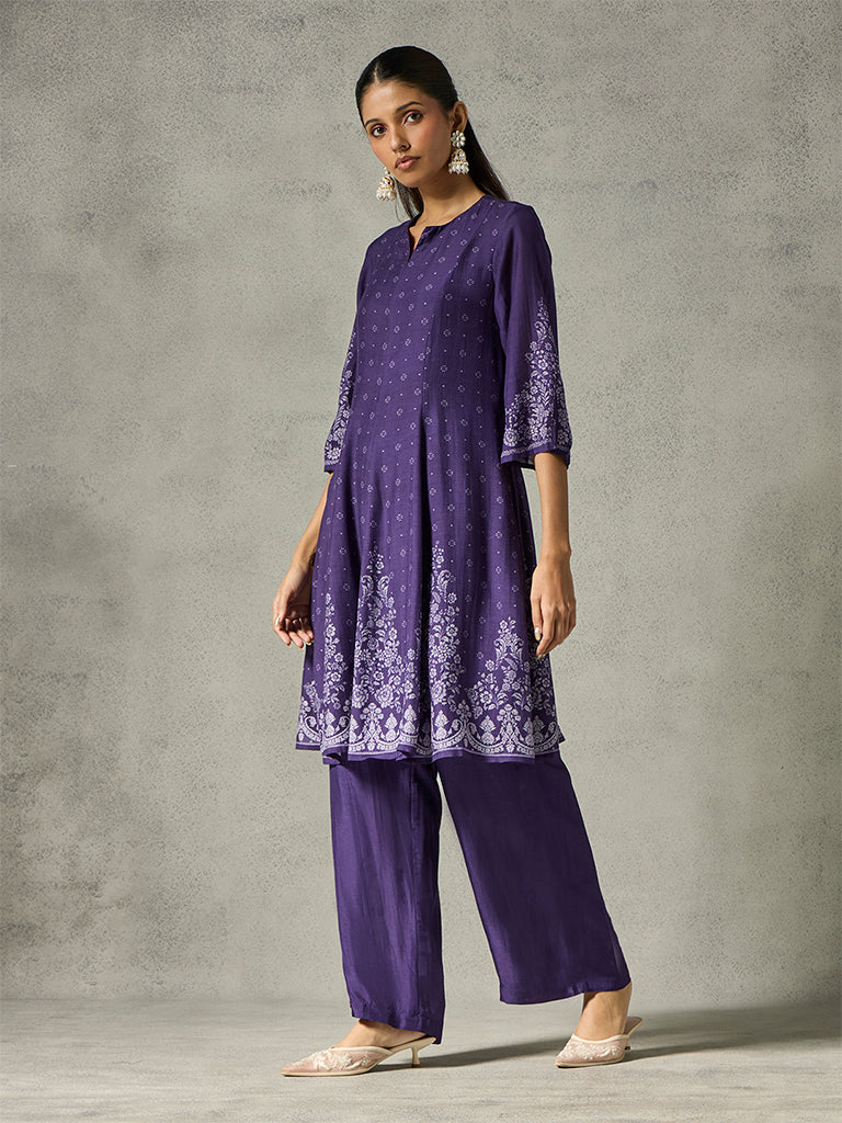 Printed Flared Kurta - Purple