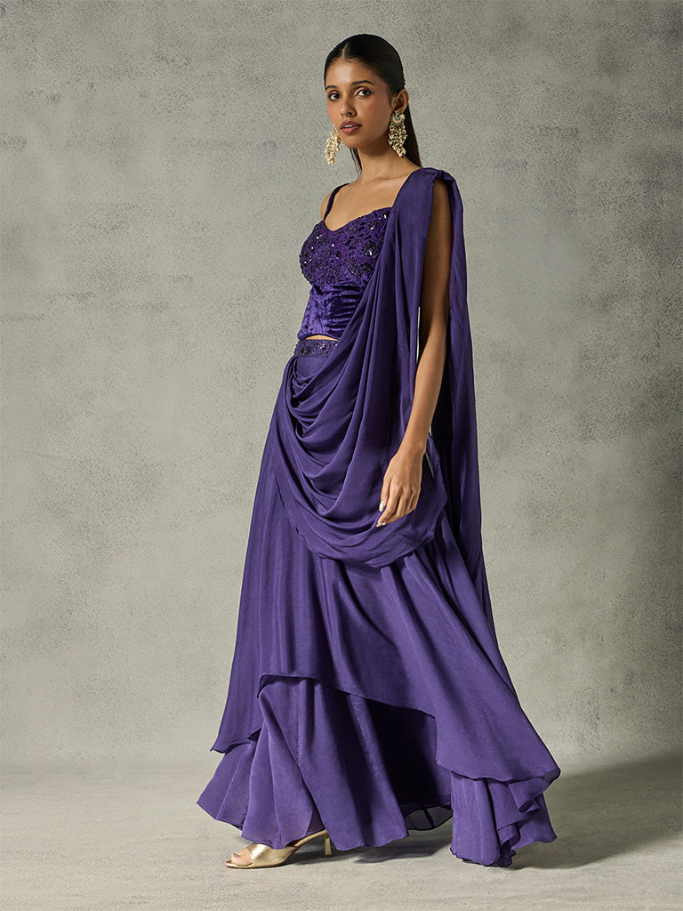 Pre-Draped Saree - Purple