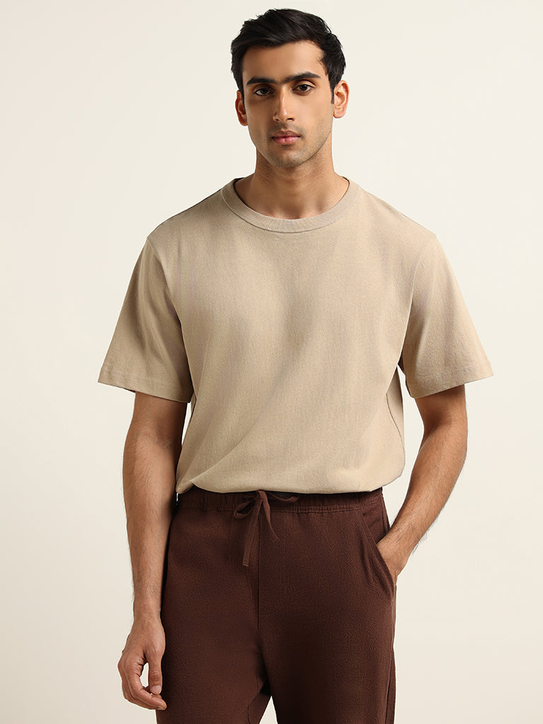 WES Casuals Plain Beige Cotton T-Shirt