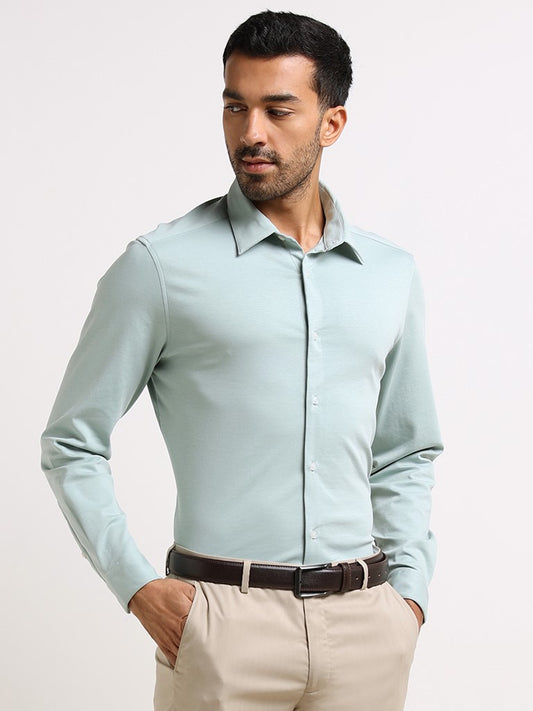 WES Formals Mint Green Slim- Fit Cotton Blend Shirt