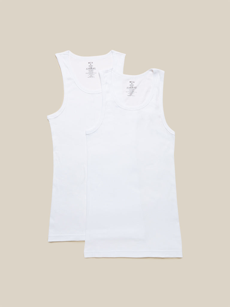 WES Lounge White Ribbed Vests - Pack of 2