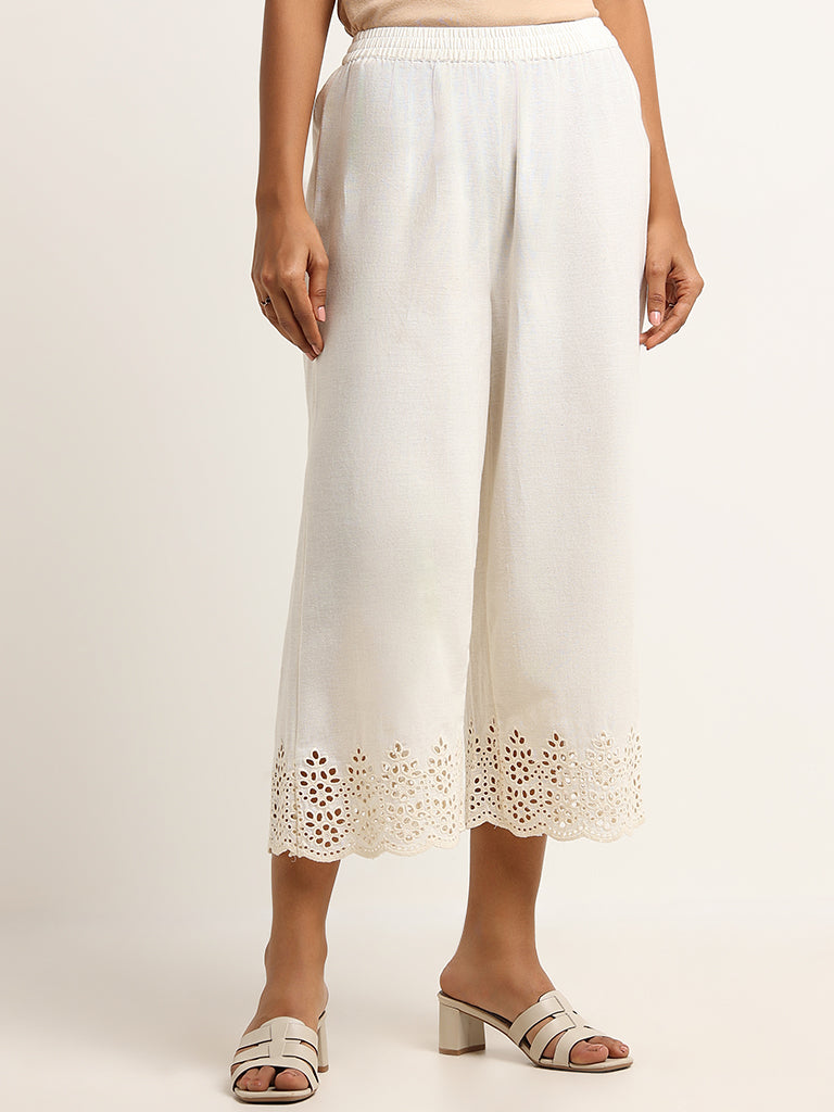 Utsa Off-White Crochet-Detailed Cotton-Blend Palazzos