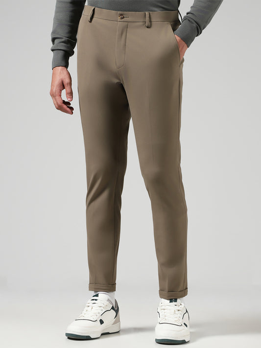 WES Formals Solid Khaki Slim-Fit Mid-Rise Trousers