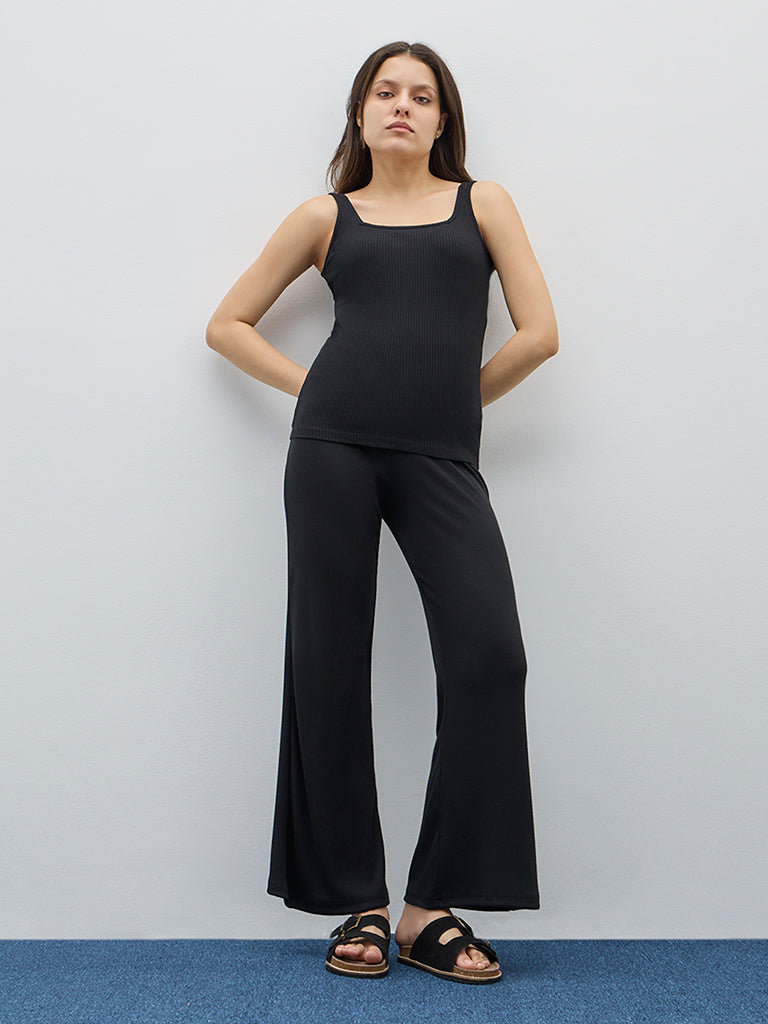 Wunderlove Black Ribbed Cotton-Blend Camisole