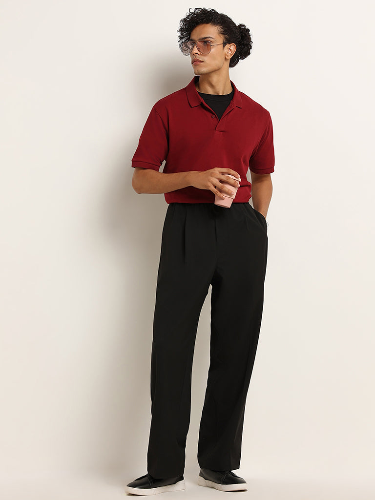 WES Casuals Maroon Cotton Blend Slim-Fit Polo T-Shirt