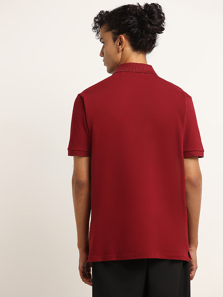 WES Casuals Maroon Slim-Fit Polo T-Shirt
