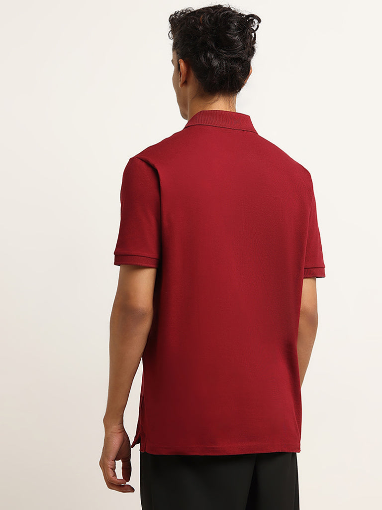 WES Casuals Maroon Cotton Blend Slim-Fit Polo T-Shirt