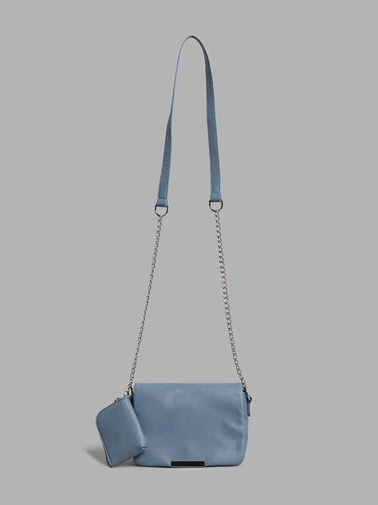 LOV Solid Blue Cross Body Chain Sling Bag with Small Pouch