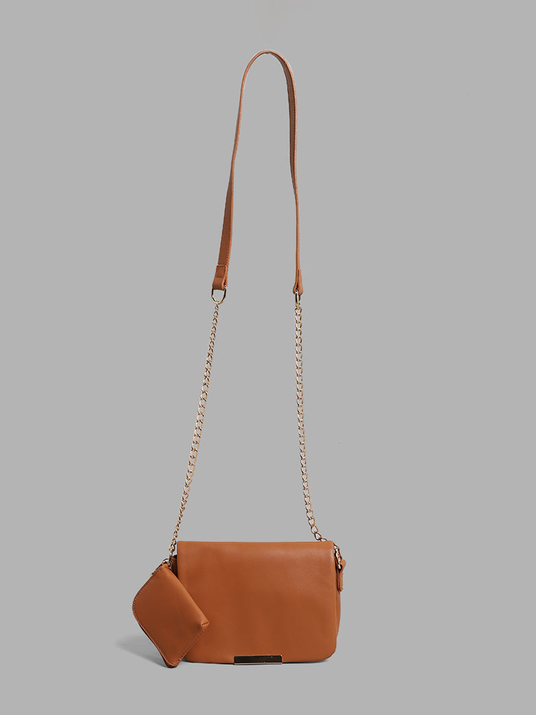 LOV Solid Brown Chain Sling Bag with Small Pouch