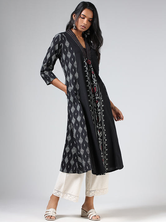 Utsa Black Ikat-Printed A-Line Kurta