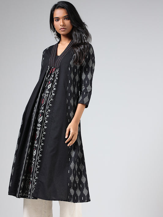 Utsa Black Ikat-Printed A-Line Kurta