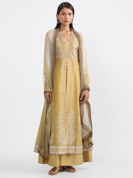 Vark Mustard Kali embroidery Kurta, Skirt & Dupatta Set