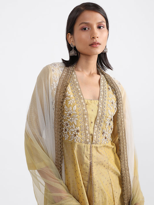 Vark Mustard Kali embroidery Kurta, Skirt & Dupatta Set