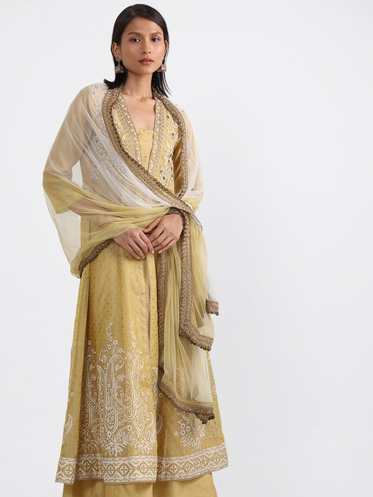 Vark Mustard Kali embroidery Kurta, Skirt & Dupatta Set