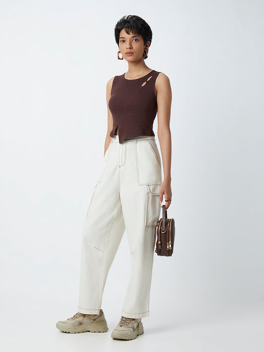 Nuon Dark Brown Textured Crop Top
