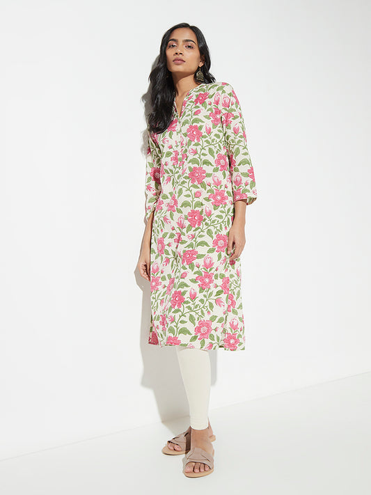 Utsa Pink Floral-Patterned Straight Kurta