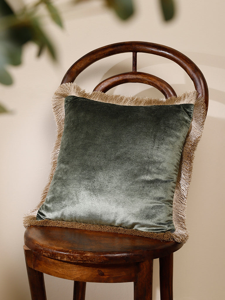 Westside Home Dark Green Cushion Cover with MidNeutral Fringe