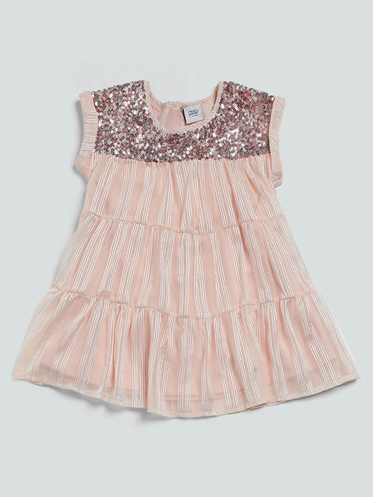 HOP Kids Sequence Embroidered Peach Dress
