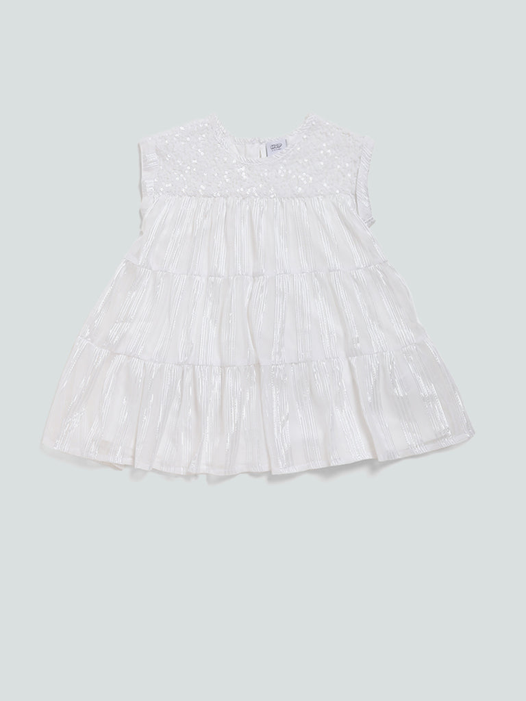 HOP Kids Yoke Sequence Embroidered White Dress
