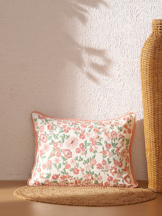 Westside Home Peach Floral Embroidered Cushion Cover