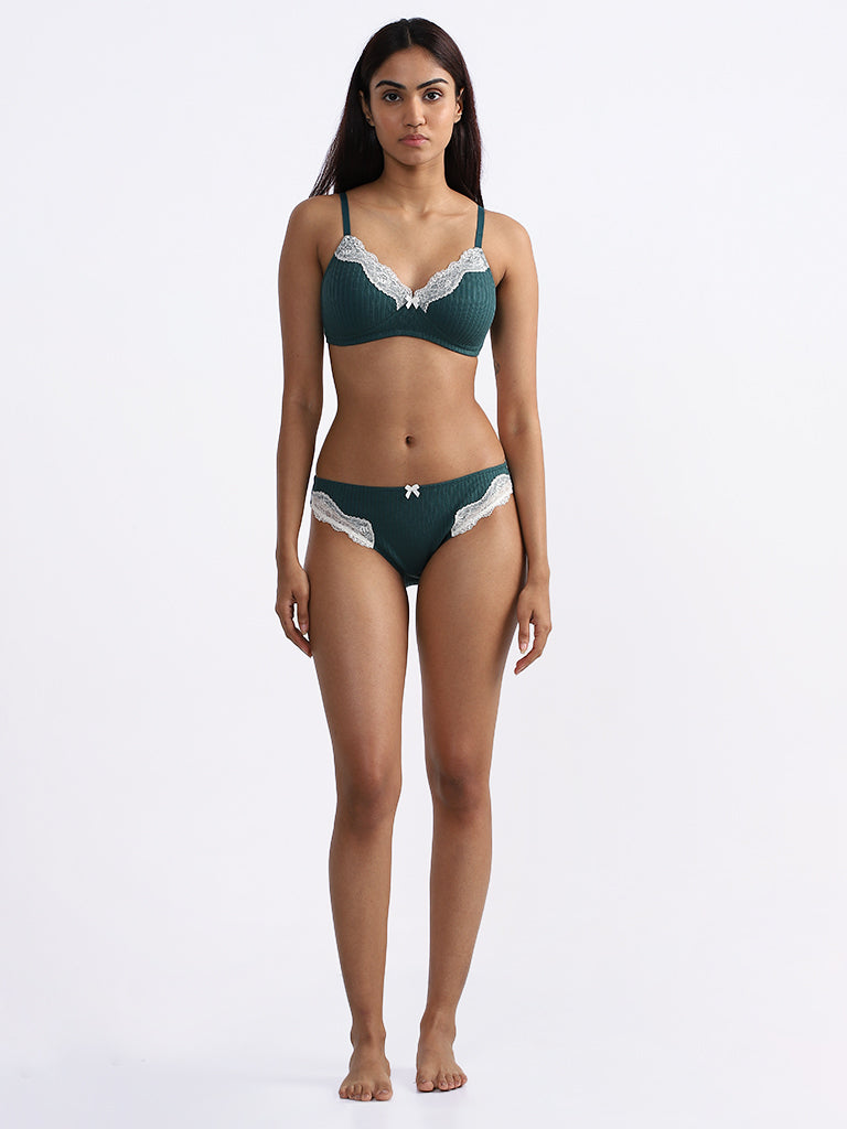 Wunderlove Self-Striped Dark Green Bra