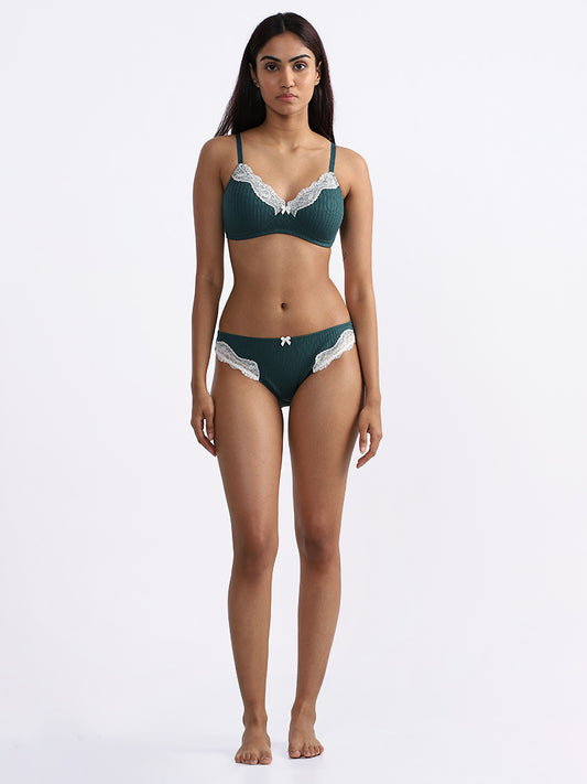 Wunderlove Self-Striped Dark Green Bra