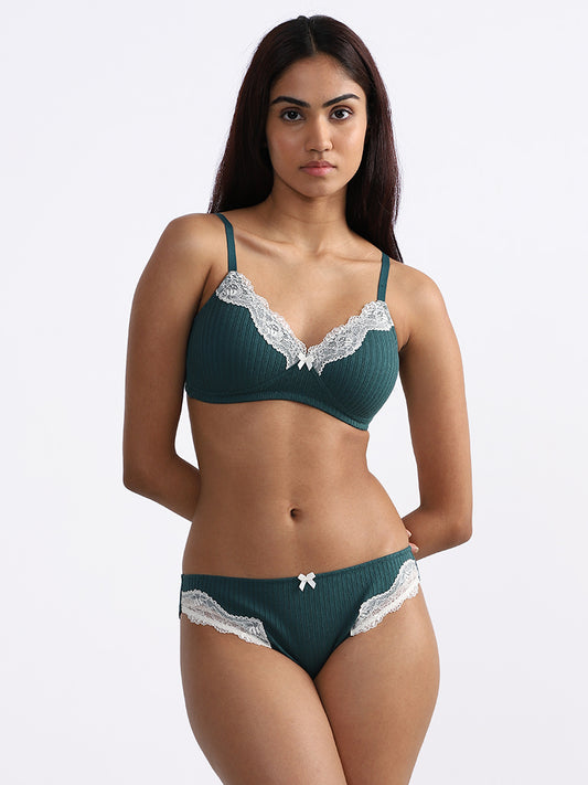 Wunderlove Self-Striped Dark Green Bra