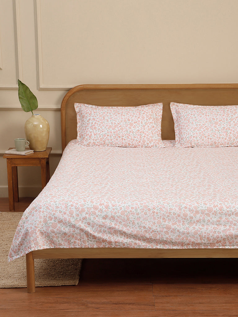 Westside Home Peach Ditsy Floral Printed Double Size Bed Flat Sheet With Pillowcase Set