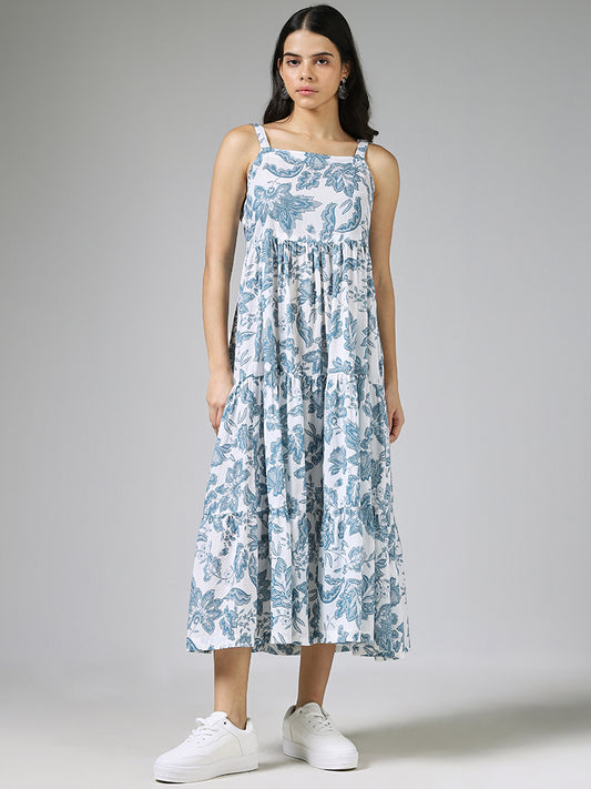 Bombay Paisley Blue Leaf Printed Tiered Dress