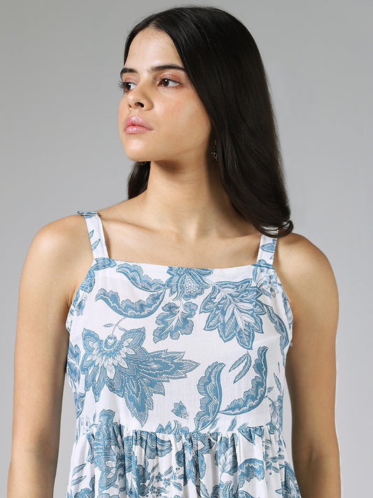 Bombay Paisley Blue Leaf Printed Tiered Dress