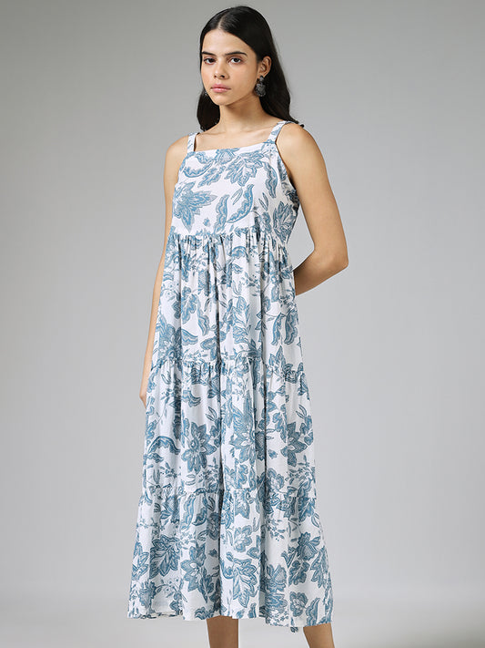 Bombay Paisley Blue Leaf Printed Tiered Dress
