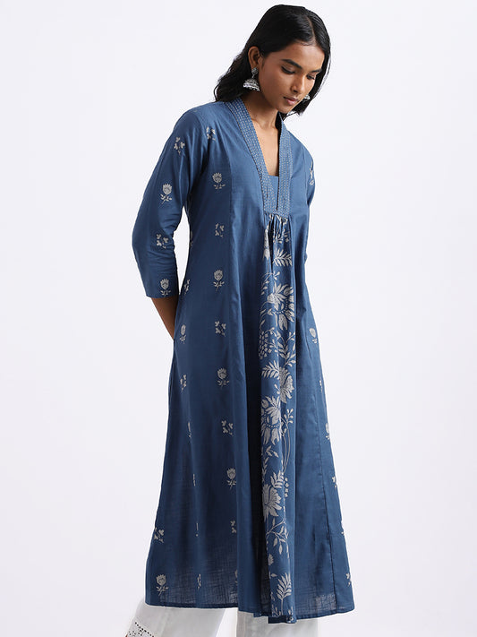 Utsa Printed A Line Indigo Kurta