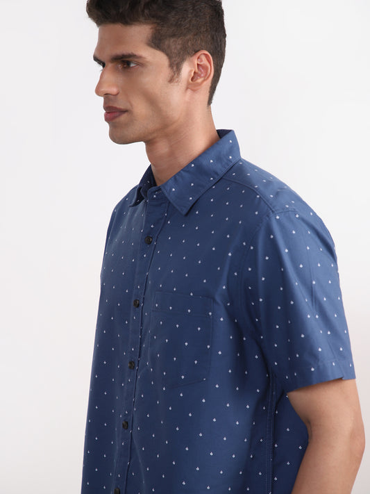 WES Casuals Dark Blue Printed Relaxed-Fit Shirt