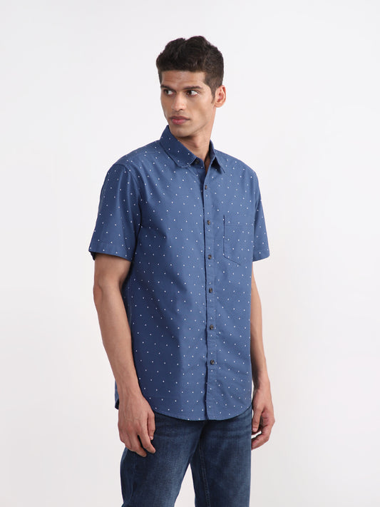 WES Casuals Dark Blue Printed Relaxed-Fit Shirt