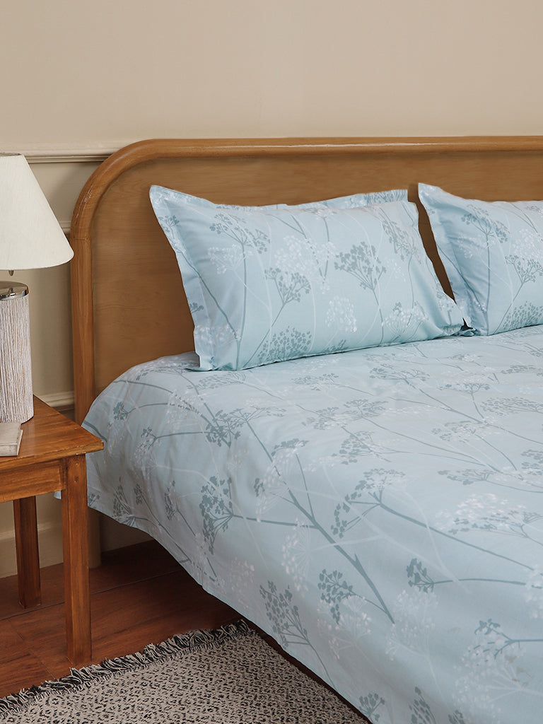 Westside Home Aqua Dandelion Printed Double Bed Flat sheet and Pillowcase Set