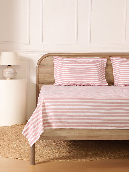 Westside Home Pink Striped Double Bed Flat Sheet and Pillowcase Set