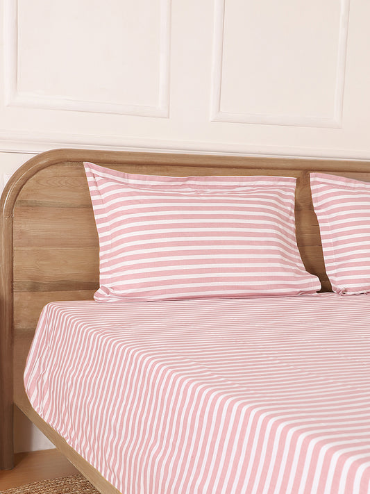 Westside Home Pink Striped Double Bed Flat Sheet and Pillowcase Set