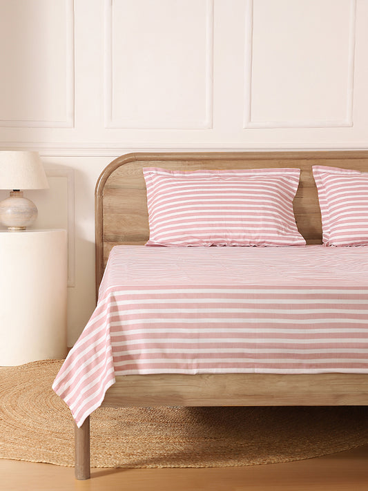Westside Home Pink Striped King Bed Flat Sheet and Pillowcase Set
