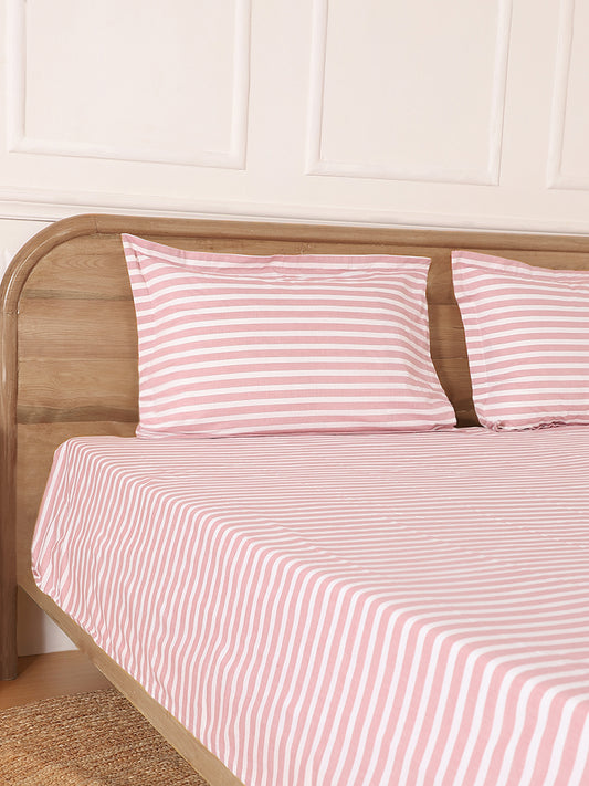 Westside Home Pink Striped King Bed Flat Sheet and Pillowcase Set