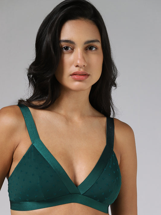 Superstar Flock Heart Printed Emerald Green Bra