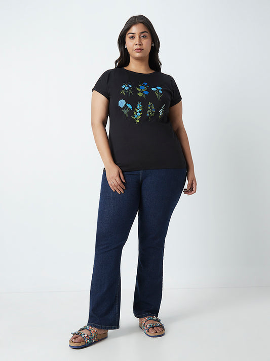 Gia Curves Black Floral-Patterned T-Shirt
