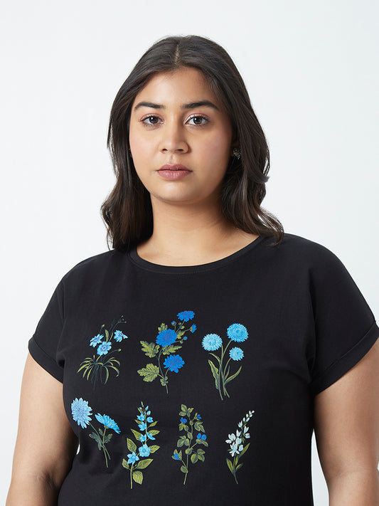 Gia Curves Black Floral-Patterned T-Shirt